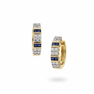 Gold Hoop Earrings with Blue Sapphire and Crystal Accents (stamped)